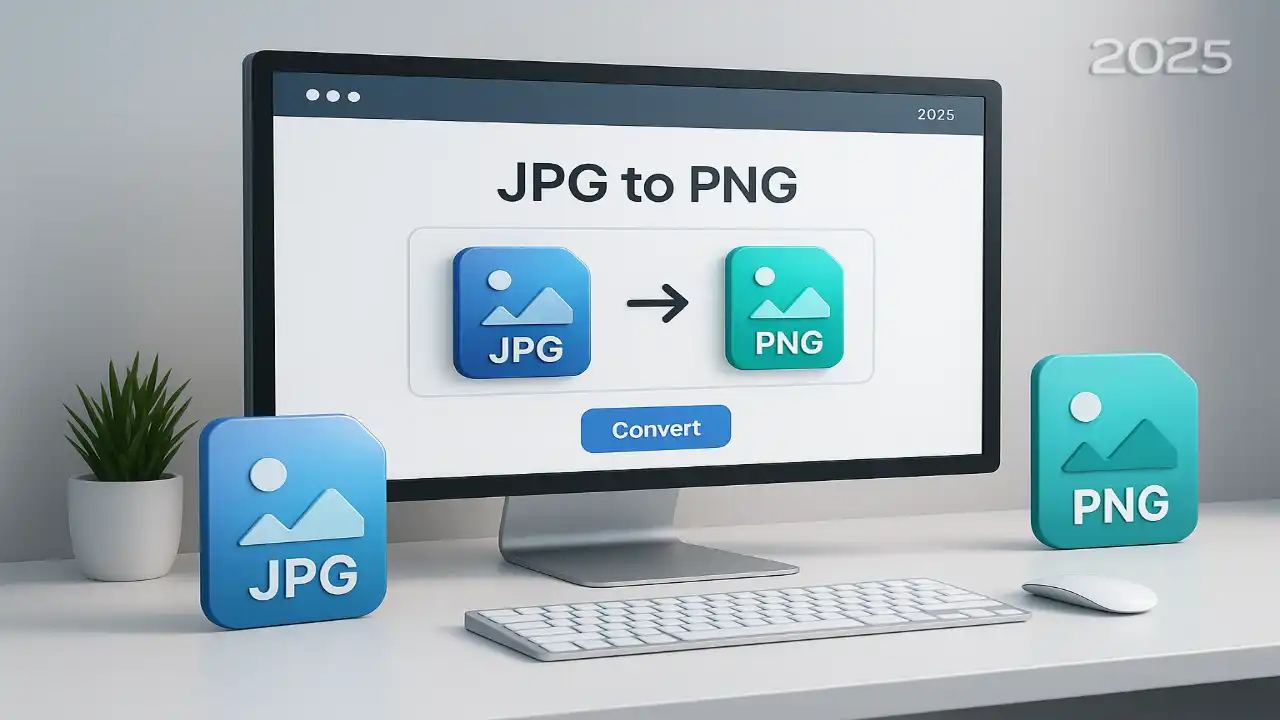 Online JPG to PNG converter interface on modern laptop – futuristic 2025 design
