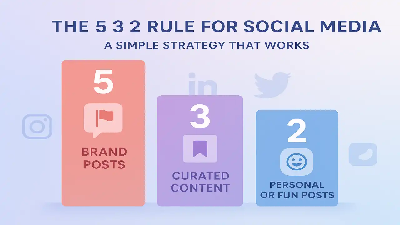 What is the 5 3 2 rule for social media explained with icons and content balance chart