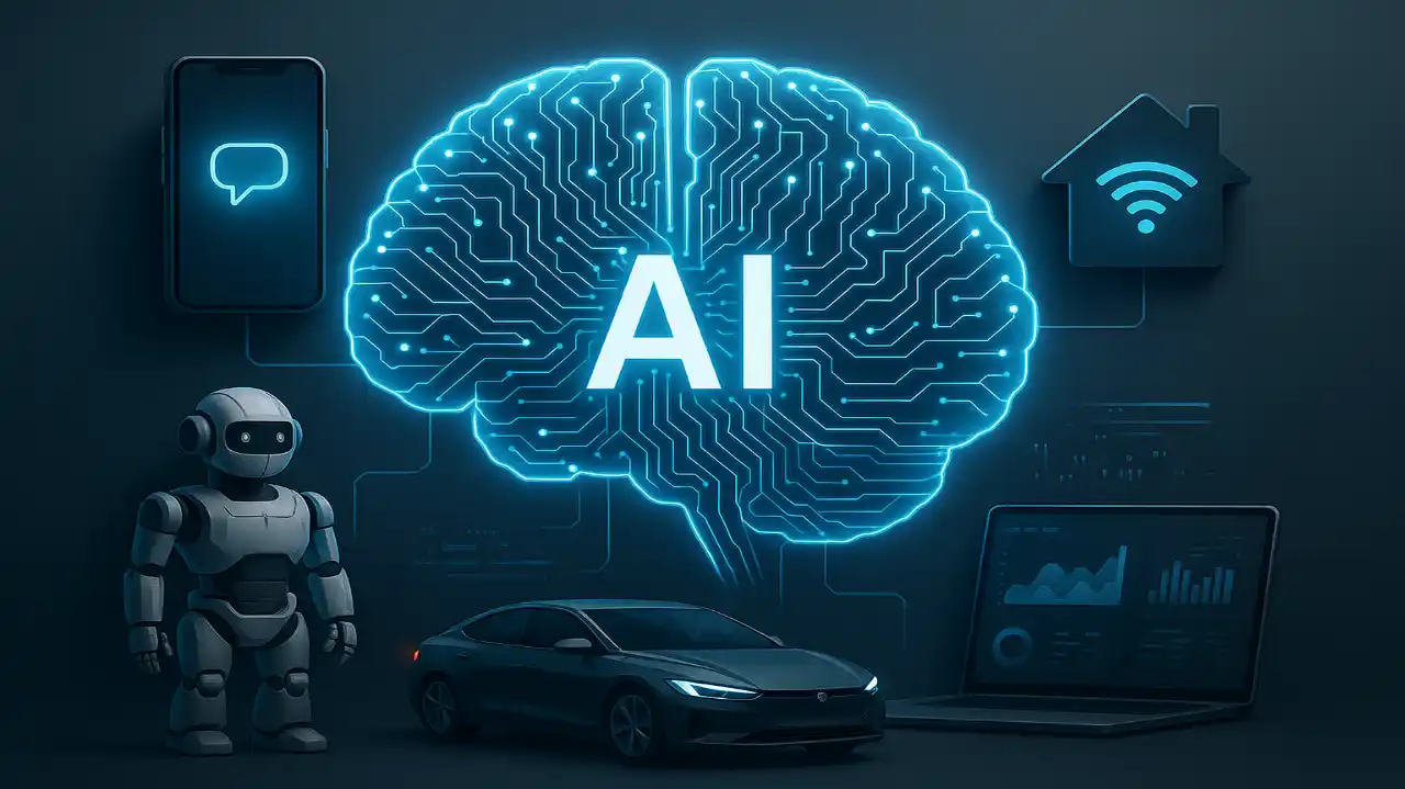 Futuristic digital brain showing the main goal of AI in today’s world with modern technology connected around it.