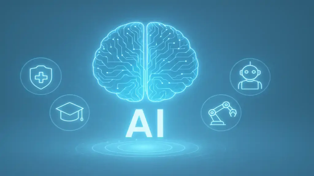 Digital brain illustration showing future points for AI with icons of healthcare, education, robotics, and automation in a glowing blue theme.