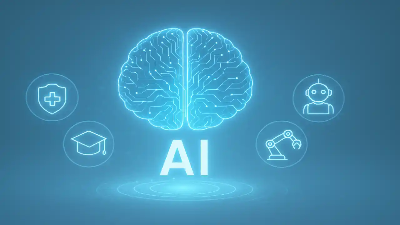 Digital brain illustration showing future points for AI with icons of healthcare, education, robotics, and automation in a glowing blue theme.