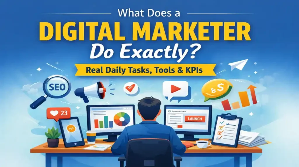 What does a digital marketer do exactly showing real daily tasks tools and KPIs on a work desk
