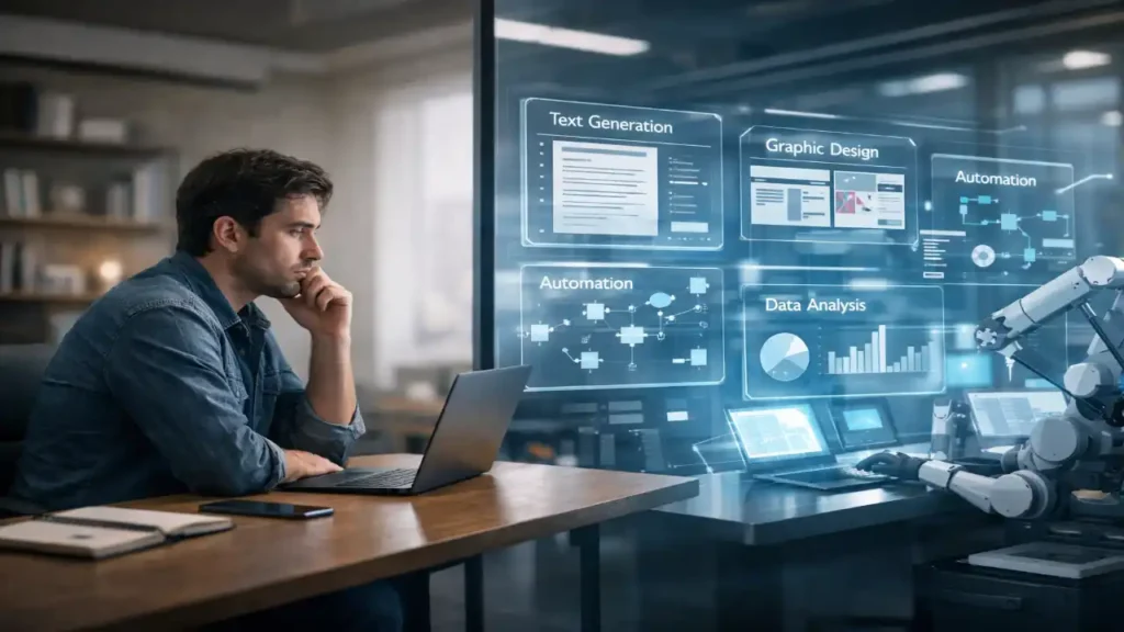 A freelancer working on a laptop while AI tools handle writing, design, automation, and data tasks in a futuristic 2026 workspace.
