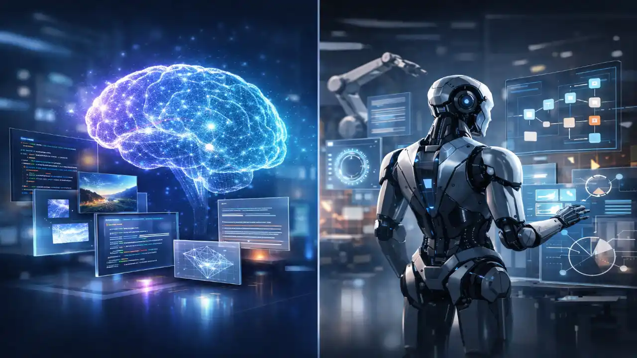Futuristic illustration comparing generative AI and agentic AI in 2026, showing content creation on one side and autonomous decision-making systems on the other.
