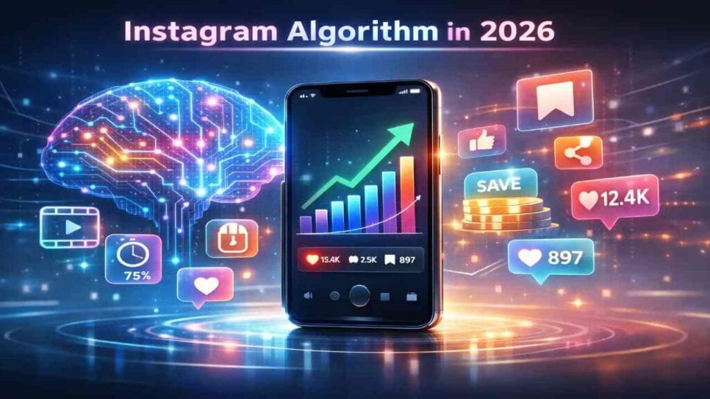 Futuristic illustration showing Instagram Algorithm in 2026 with AI brain, smartphone analytics graph, and engagement metrics like saves and shares