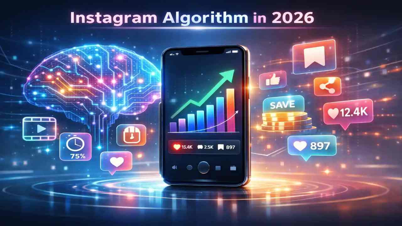 Futuristic illustration showing Instagram Algorithm in 2026 with AI brain, smartphone analytics graph, and engagement metrics like saves and shares