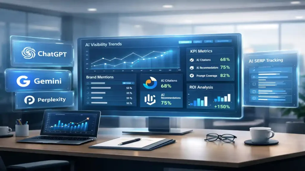 AI search monitoring tools dashboard showing brand mentions, AI visibility KPIs and ROI tracking in 2026