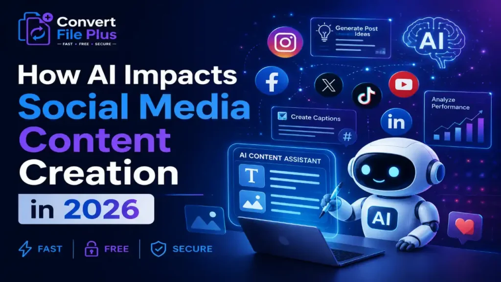 How AI impacts social media content creation in 2026 infographic showing AI-powered ideation, writing, video editing, and content distribution.