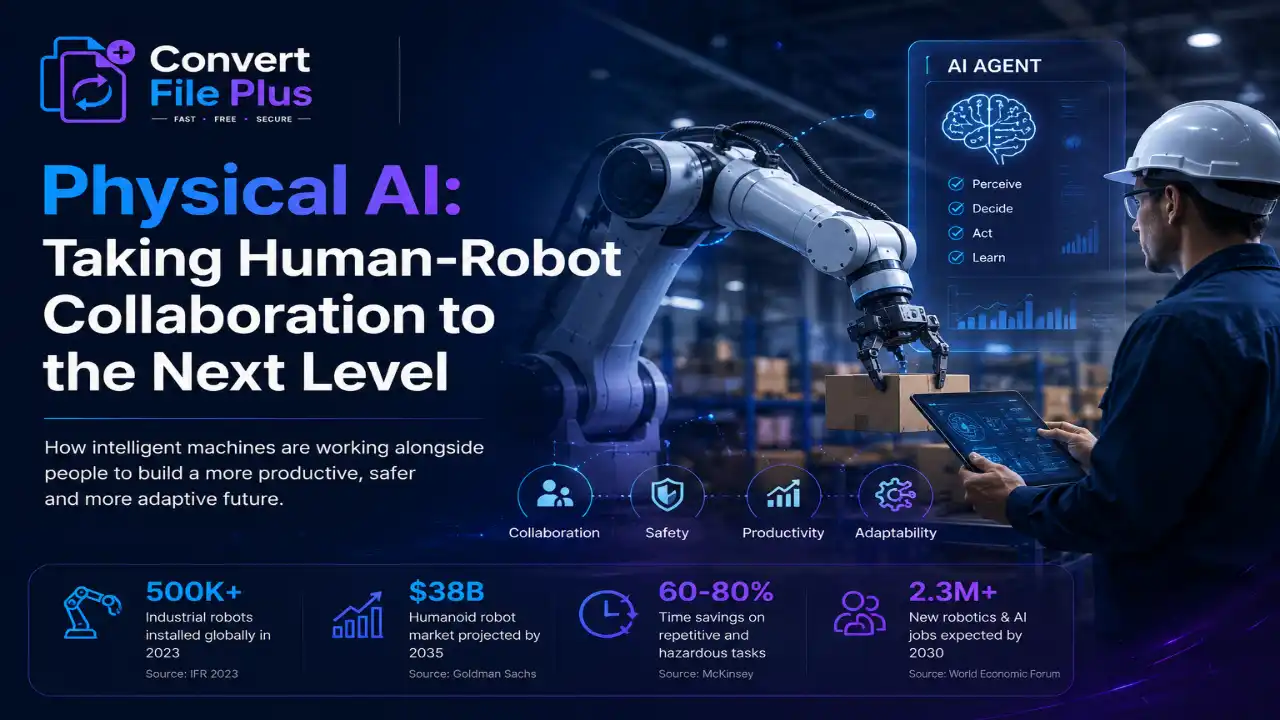 Physical AI concept showing a human worker collaborating with an intelligent robot in a modern industrial environment, representing the future of human-robot collaboration and smart automation.