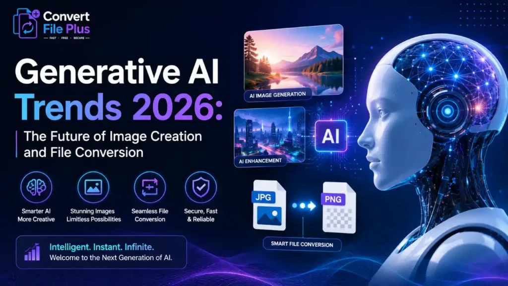 Generative AI Trends 2026 featuring AI-powered image creation, JPG to PNG file conversion, and smart digital content generation with Convert File Plus.