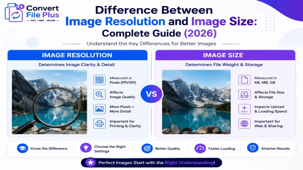 Difference between image resolution and image size explained with comparison chart for image quality, file size, printing, and web optimization in 2026.