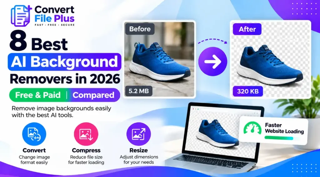Convert File Plus guide to the 8 best AI background removers in 2026, comparing free and paid tools with a before-and-after background removal example.