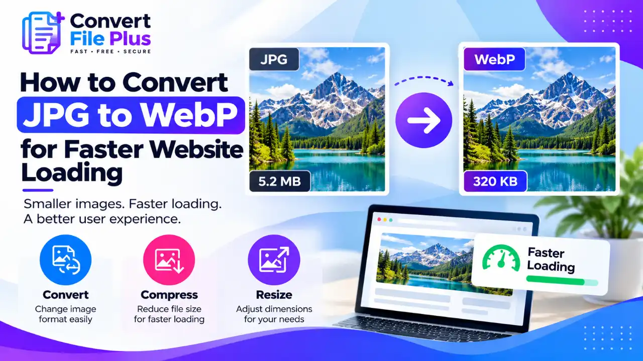 Mountain valley landscape with a blue-purple banner reading JPG to WebP.